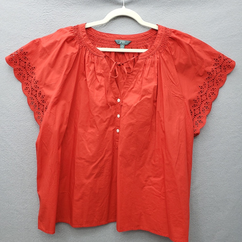 Terra & Sky Eyelet Lace Trim Peasant Top Red 100% Cotton Fall Cottagecore 2X